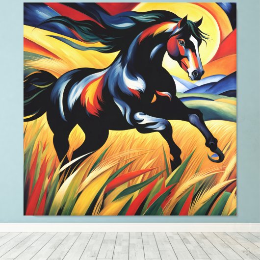 Mooi Paard Galloping in een Tarweveld Canvas Afdruk (Insitu (Houten vloer))