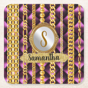 Mooi Paars Velvet Gold Monogram Elegant Chic Vierkante Kartonnen Onderzetter