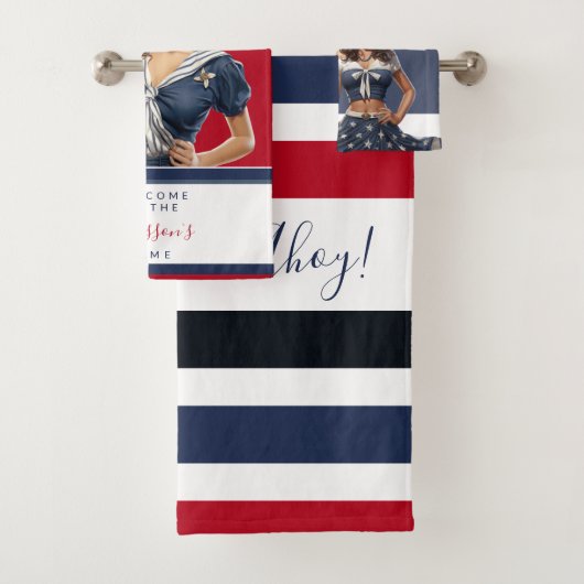 Mooi rood blauw nautische pin-up meisje custom bad handdoek (Insitu)