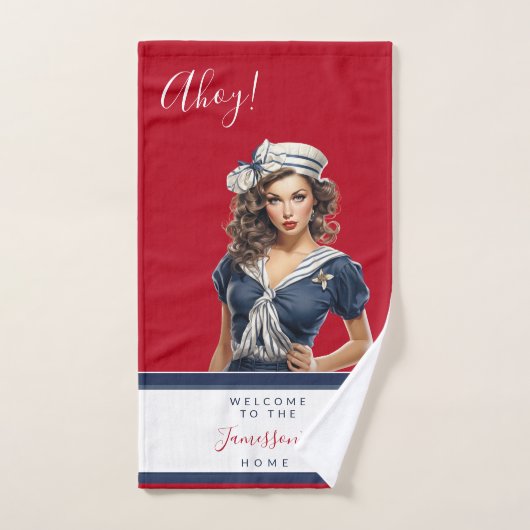 Mooi rood blauw nautische pin-up meisje custom bad handdoek (Handdoek)
