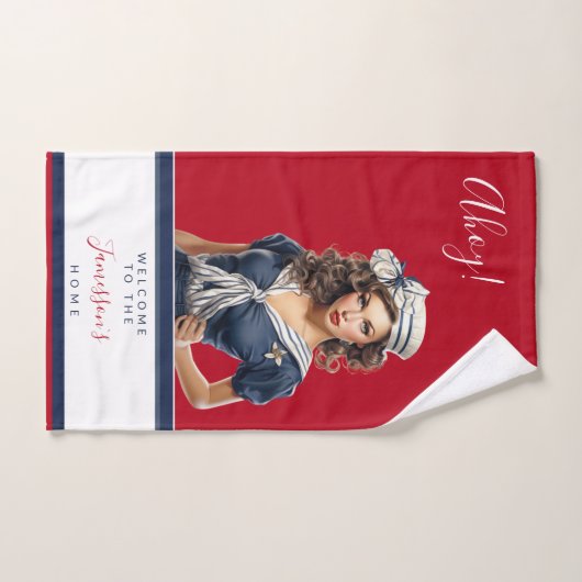 Mooi rood blauw nautische pin-up meisje custom bad handdoek (Handdoek)