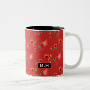 Mooi Rood Klaprozen Patroon Monogram Tweekleurige Koffiemok