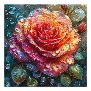 Mooi roos met waterdruppels foto afdruk