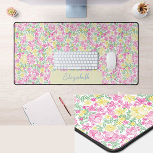 Mooi roze en geel bloemmotief bureau mat met eigen