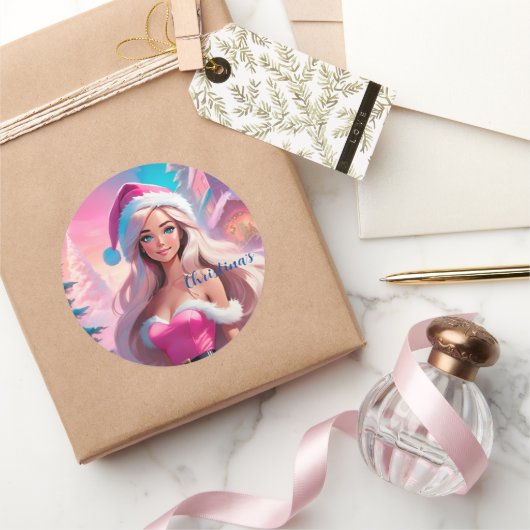 Mooi Roze Kerstmis Meisje 01 Ronde Sticker (Geschenken)