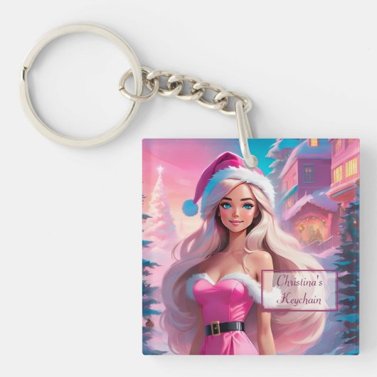 Mooi Roze Kerstmis Meisje 01 Sleutelhanger (Voorkant)