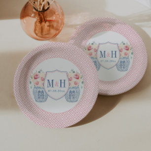Mooi Roze Rozen Monogram Trouwfeest Papieren Bordje