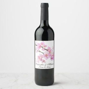 Mooi roze waterverf kersenbloesems script wijn etiket
