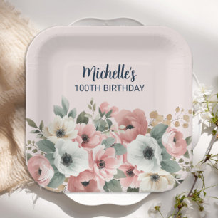 Mooi roze witte bloem 100ste verjaardag papieren bordje