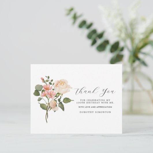 Mooi roze witte bloemige 100ste verjaardag Bedankt Briefkaart (Staand voorkant)