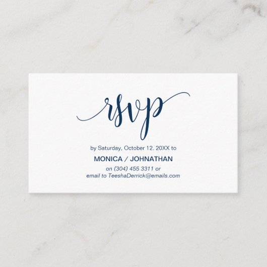Mooi script, Navy Blue, RSVP reageren Informatiekaartje (Voorkant)