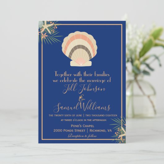 Mooi Seashell Beach Theme Blue Weddenschap Kaart (Staand voorkant)