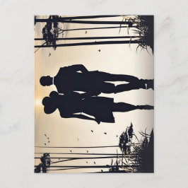 Mooi stel loopt samen de zonsondergang in briefkaart