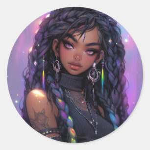 Mooi stijlvol gevlochten haar anime meisje ronde sticker