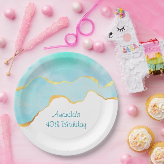 Mooi Tropisch Groen Blauw met gouden Grens Papieren Bordje (Feest)