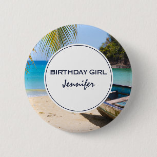 Mooi tropisch strand en rowboot Birthday Girl Ronde Button 5,7 Cm
