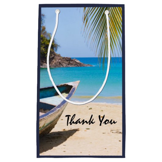 Mooi tropisch strand met een rowboot bedankt klein cadeauzakje (Voorkant)