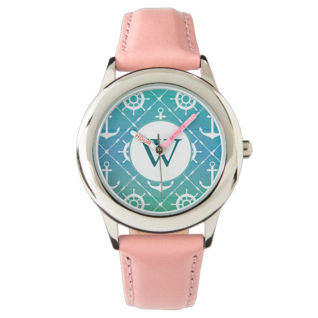 Mooi Turquoise Nautical Monogram Horloge (Voorkant)