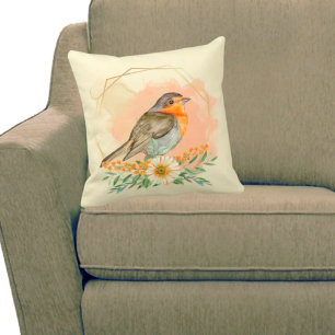 Mooi Waterverf Robin- en Wilde Bloemenframe   Kussen