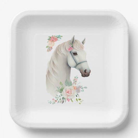 Mooi wit paard Boho Floral Papieren Bordje (Voorkant)