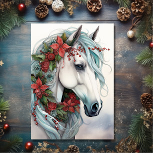 Mooi wit paard met rode bloemen kerst feestdagen kaart