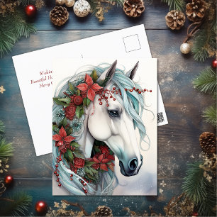 Mooi wit paard met rode bloemen kerst feestdagenkaart