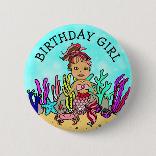 Mooi zeemeermin verjaardagsmeisje ronde button 5,7 cm