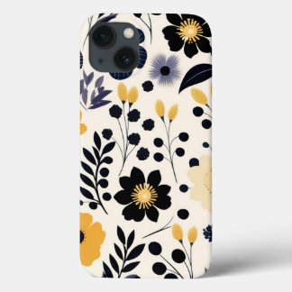 Mooi zwart en geel bloemen Art Patroon iPhone 13 Hoesje