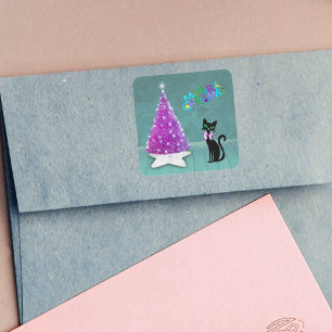 Mooi zwart kat roze strik roze kerstboom turquoise vierkante sticker