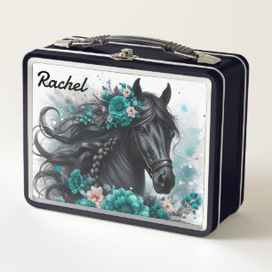 Mooi zwart paard met Blauwgroen bloemen