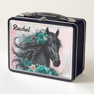 Mooi zwart paard met Blauwgroen bloemen