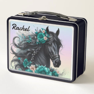 Mooi zwart paard met Blauwgroen bloemen