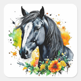 Mooi zwart paard omringd door gele bloemen vierkante sticker