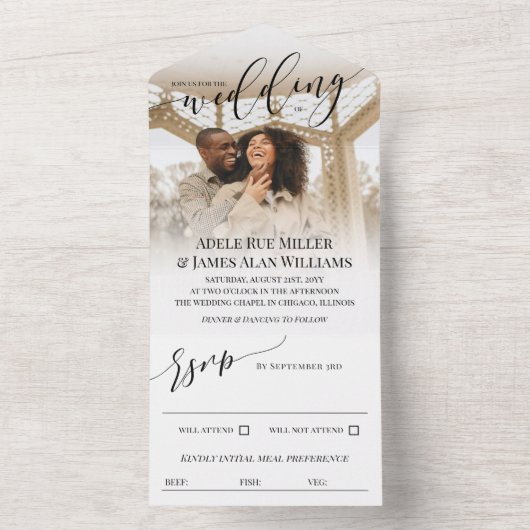 Mooi zwart script foto-bruiloft all in one uitnodiging (Binnen)