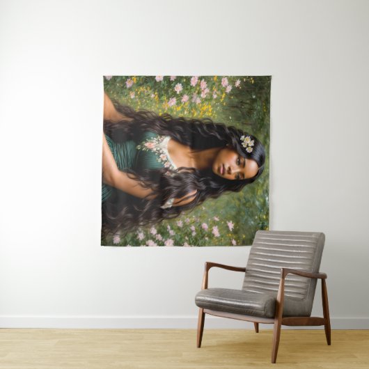 Mooi zwart vrouw bloemportret wandkleed (In Situ (horizontaal))