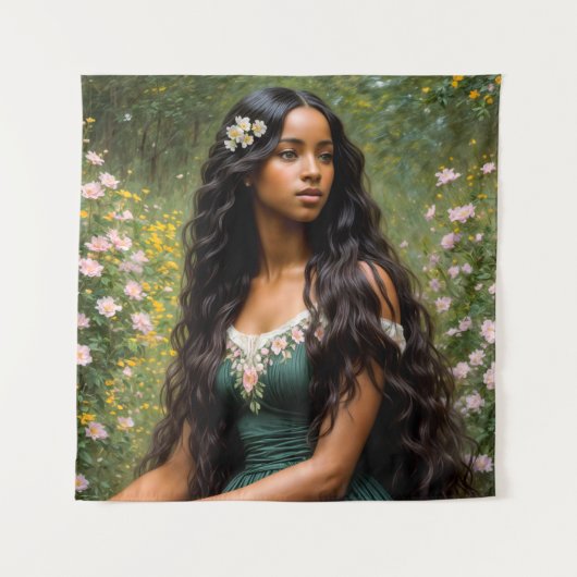 Mooi zwart vrouw bloemportret wandkleed (Voorkant)