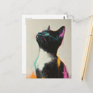 Mooi zwart-witte katje met roze en geel briefkaart