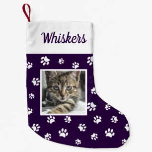 Mooie Aangepaste Kat Foto Naam Paars Witte Pootjes Kleine Kerstsok