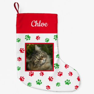 Mooie Aangepaste Kat Foto Naam Rood Groen Pootjes Kleine Kerstsok