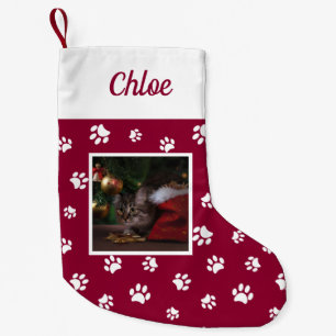 Mooie Aangepaste Kat Foto Naam Rood Witte Pootjes Kleine Kerstsok