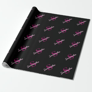 Mooie aanpasbare roze & zwarte monogram script cadeaupapier