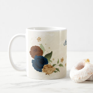 Mooie aardetone navyblauwe bloem koffiemok