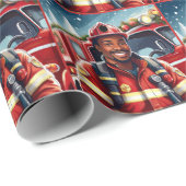 Mooie Afro-Amerikaanse brandweerman Kerstmis Cadeaupapier (Rol Hoek)