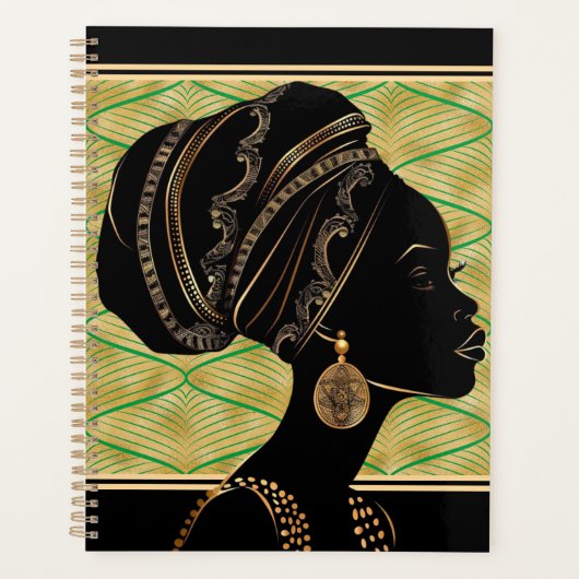 Mooie Afro-Amerikaanse vrouw Green Black Gold Planner (Voorkant)