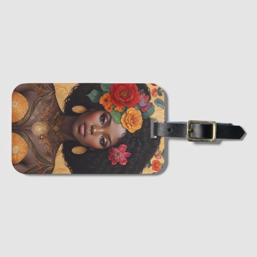 Mooie Afro-Amerikaanse vrouw met bloemen Bagagelabel (Voorkant (horizontaal))