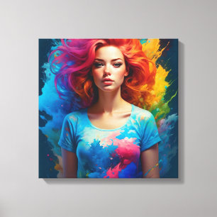 Mooie AI Art Vrouw Kleurrijk Canvas Afdruk
