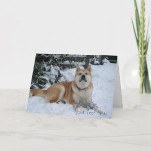 mooie akita hond rustend in de sneeuw kerstmis feestdagen kaart