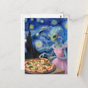 mooie alien in een roze jurk eet pizza briefkaart