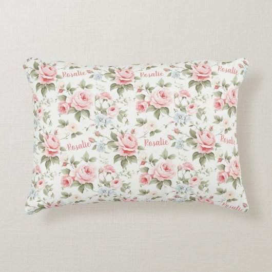 Mooie All over Pink Rose Naam Accent Kussen (Voorkant)