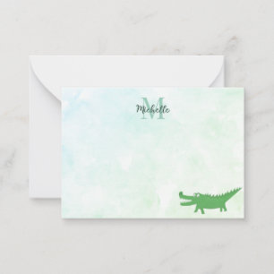 Mooie Alligator Bewerkbaar Monogram Waterverf Notitiekaartje